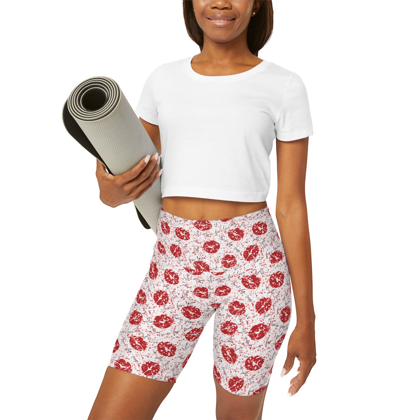 High Waisted Yoga Shorts with Sensual Red Lips print by TwoSiS