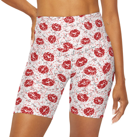 High Waisted Yoga Shorts with Sensual Red Lips print by TwoSiS