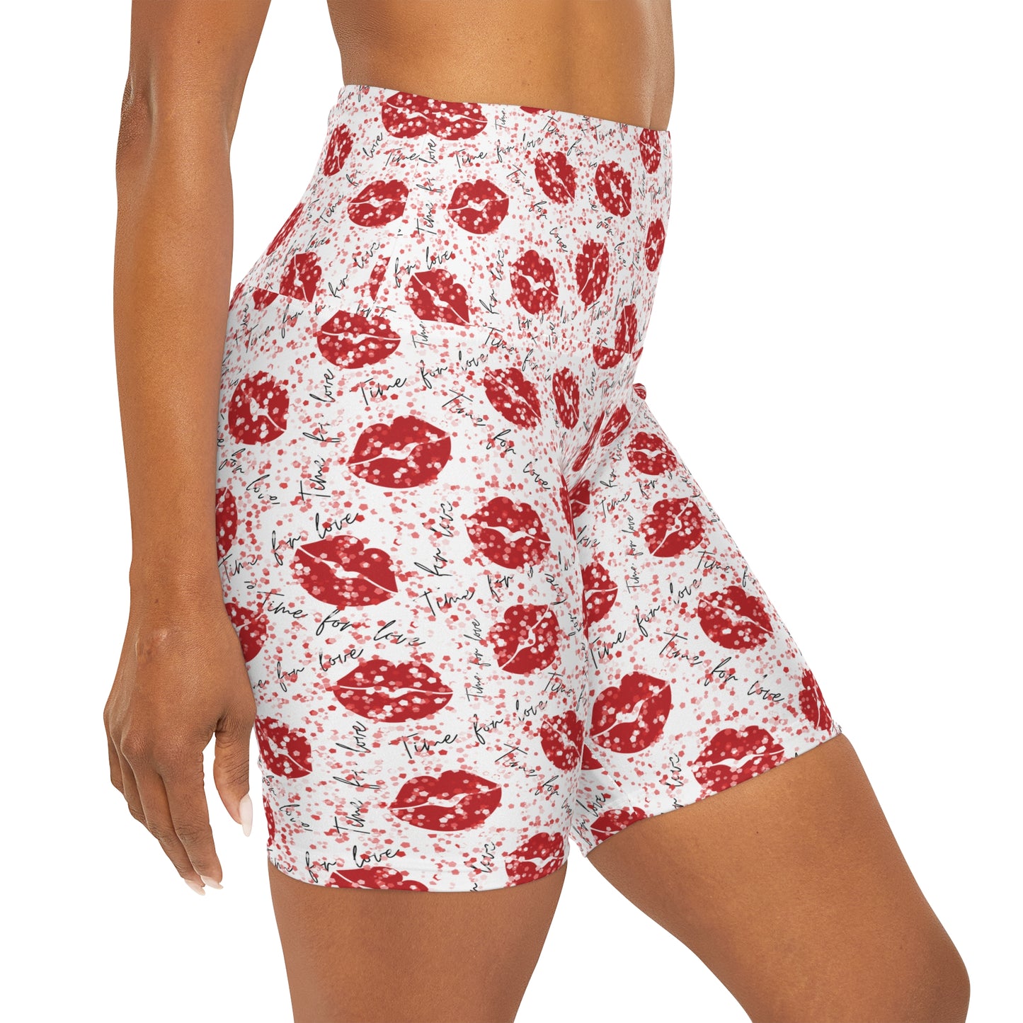 High Waisted Yoga Shorts with Sensual Red Lips print by TwoSiS